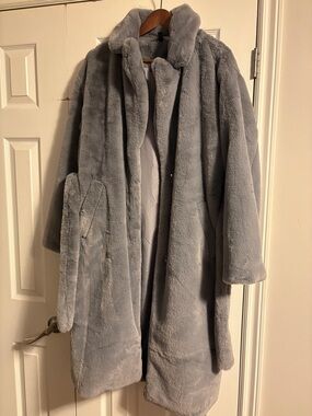 H&M Gray Faux Fur Long Coat with Belt